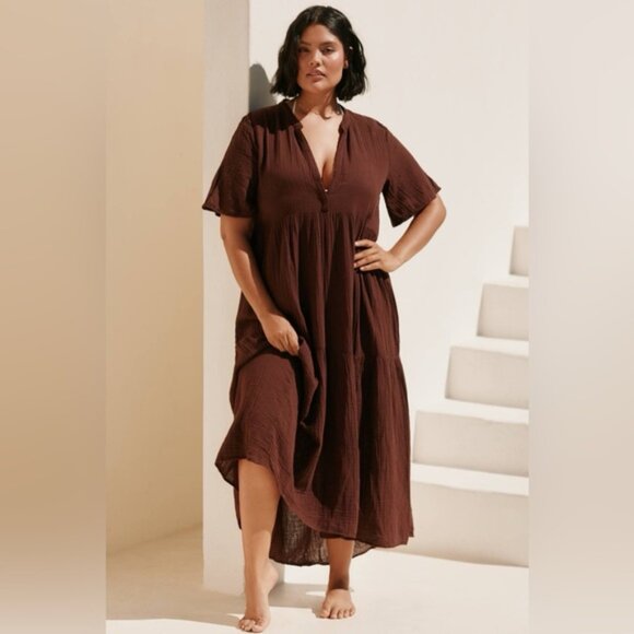 Anthropologie Kallie Flowy Maxi Dress Brown Crinkled Cotton Gauze Empire Waist - Picture 3 of 16